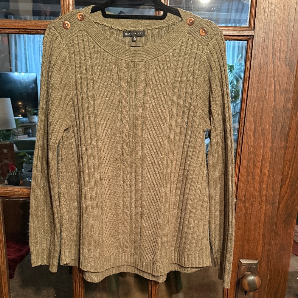 Napa Valley Womens Olive Green Cable Knit Confetti Button Shoulder Sweater Small